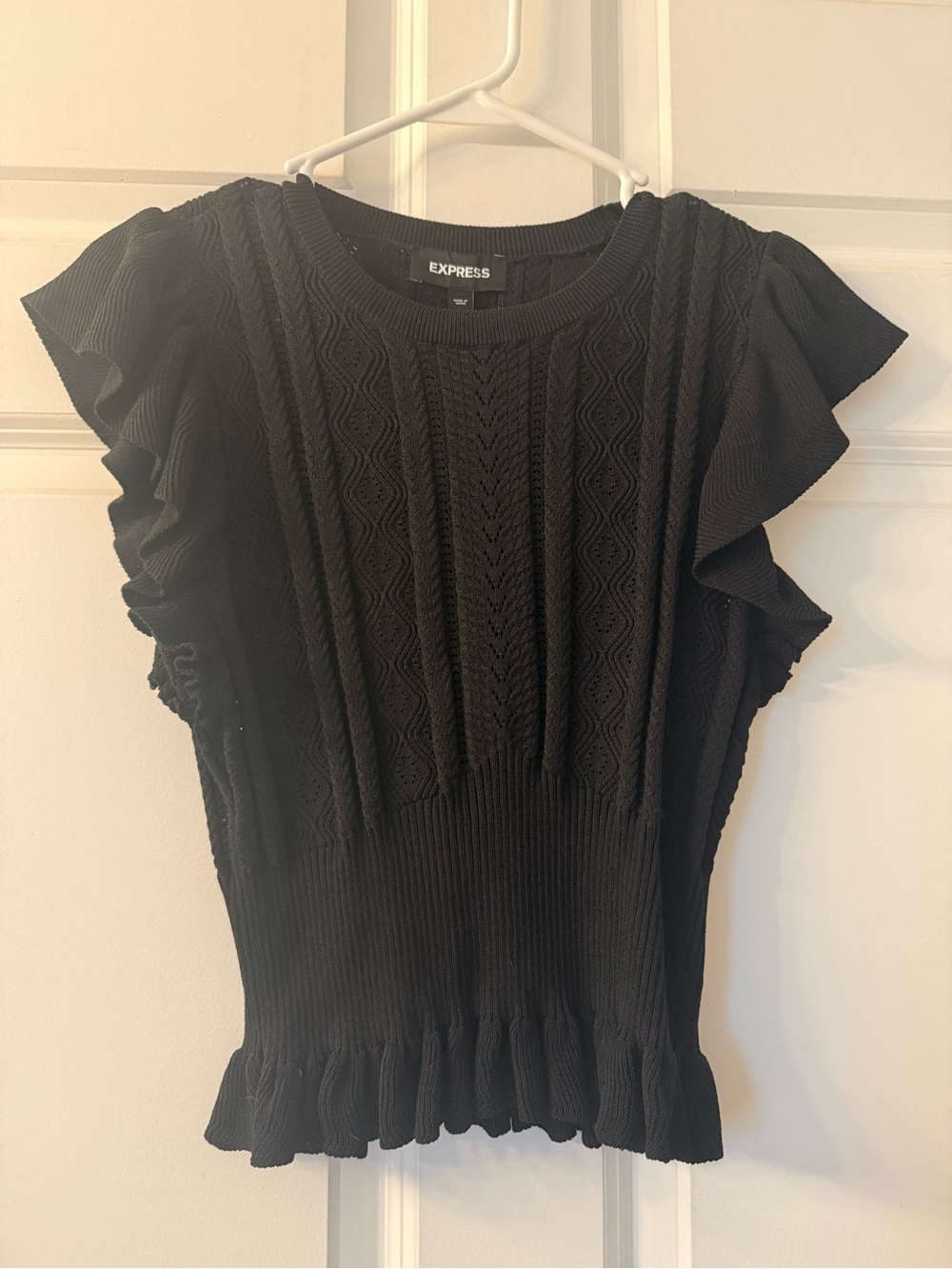 Express Black Ruffle Sleeve Knit Top with Textured Detail